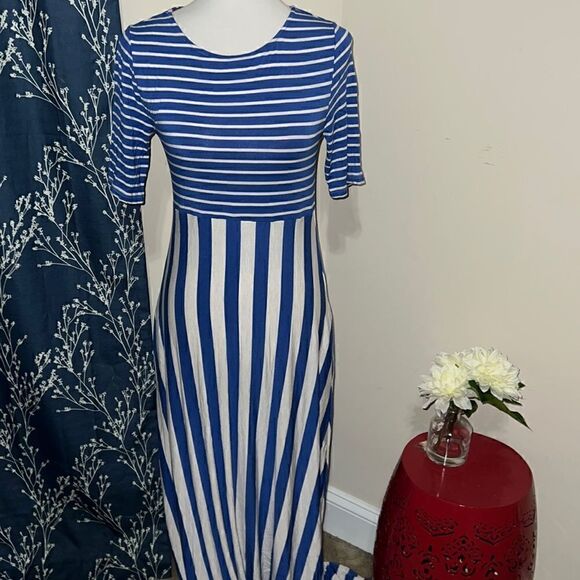 Matilda Jane Clothing MJ Blue White The Road Ahead Elbow-Sleeve Maxi Dress sz S - Picture 2 of 8
